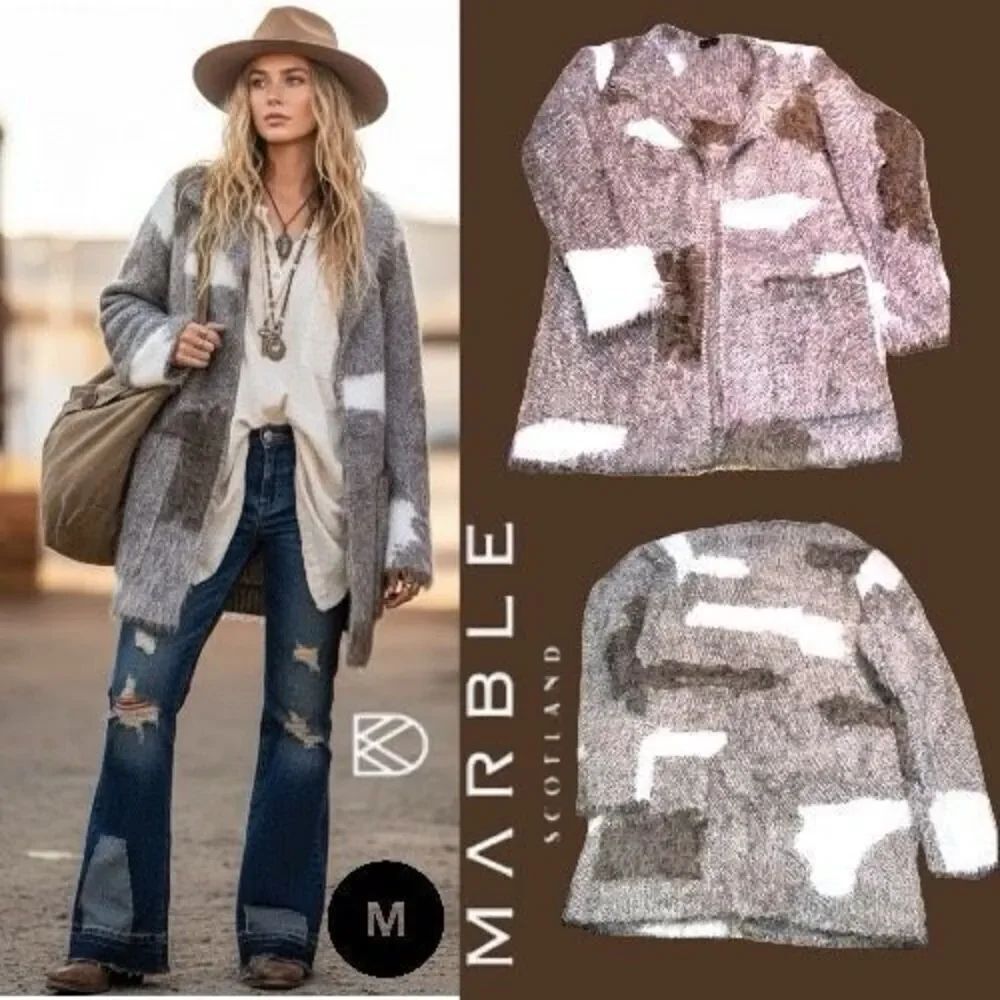 Marble Scotland | Eyelash Yarn Cardigan Women's Medium Grey White Soft